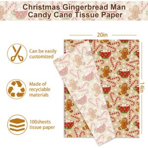 JarThenaAMCS 100 Sheets Christmas Tissue Paper Gingerbread Man Candy Cane Art Tissue Wrapping Paper for Xmas Winter DIY Crafts Gift Packing, 14 x 20 Inch