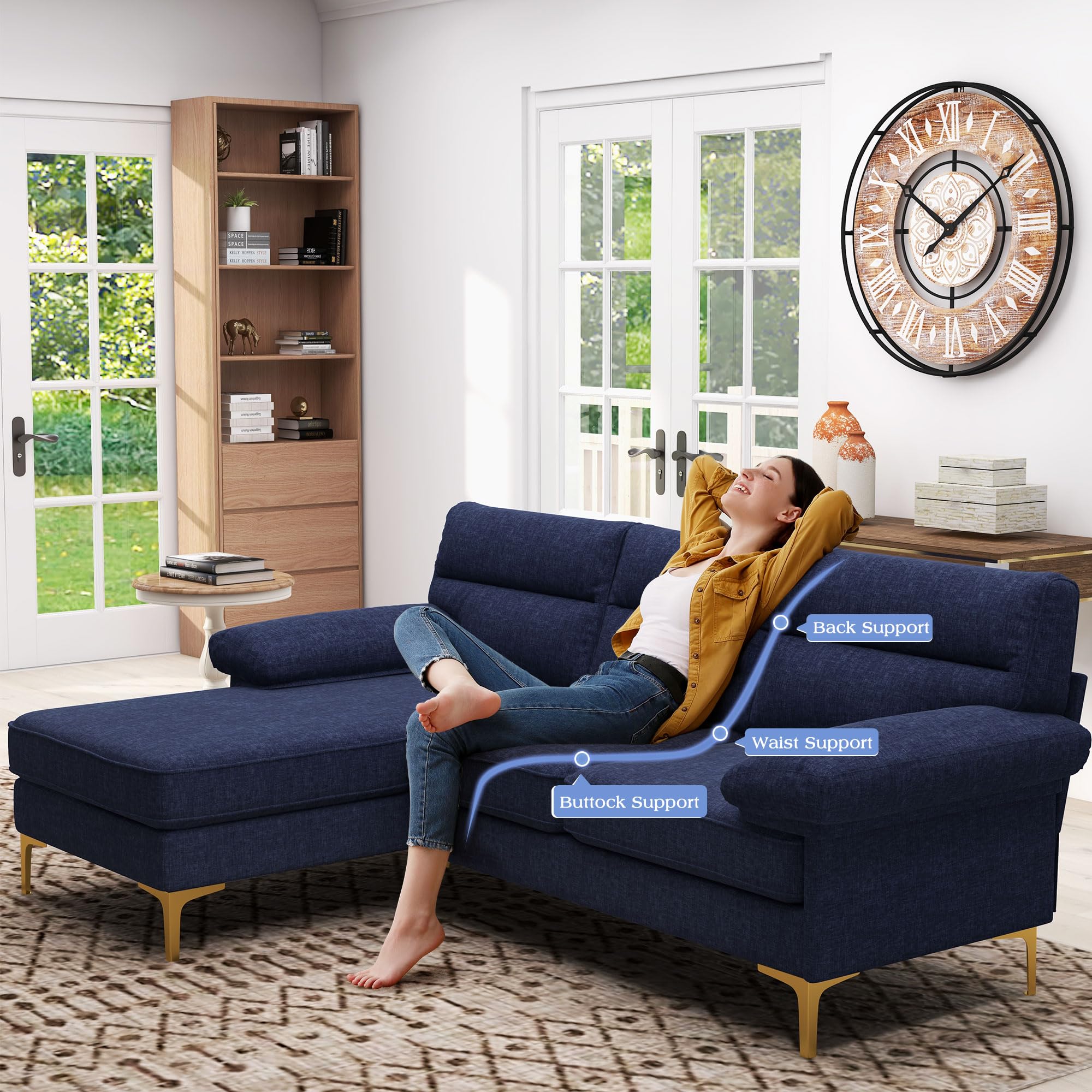 Sectional Couches for Living Room, Modern Chenille Convertible Sofa Bed L-Shaped Couch 3 Seats Sofas with Reversible Wide Chaise & Fluffy Armrests for Small Apartment Compact Spaces Dark Blue