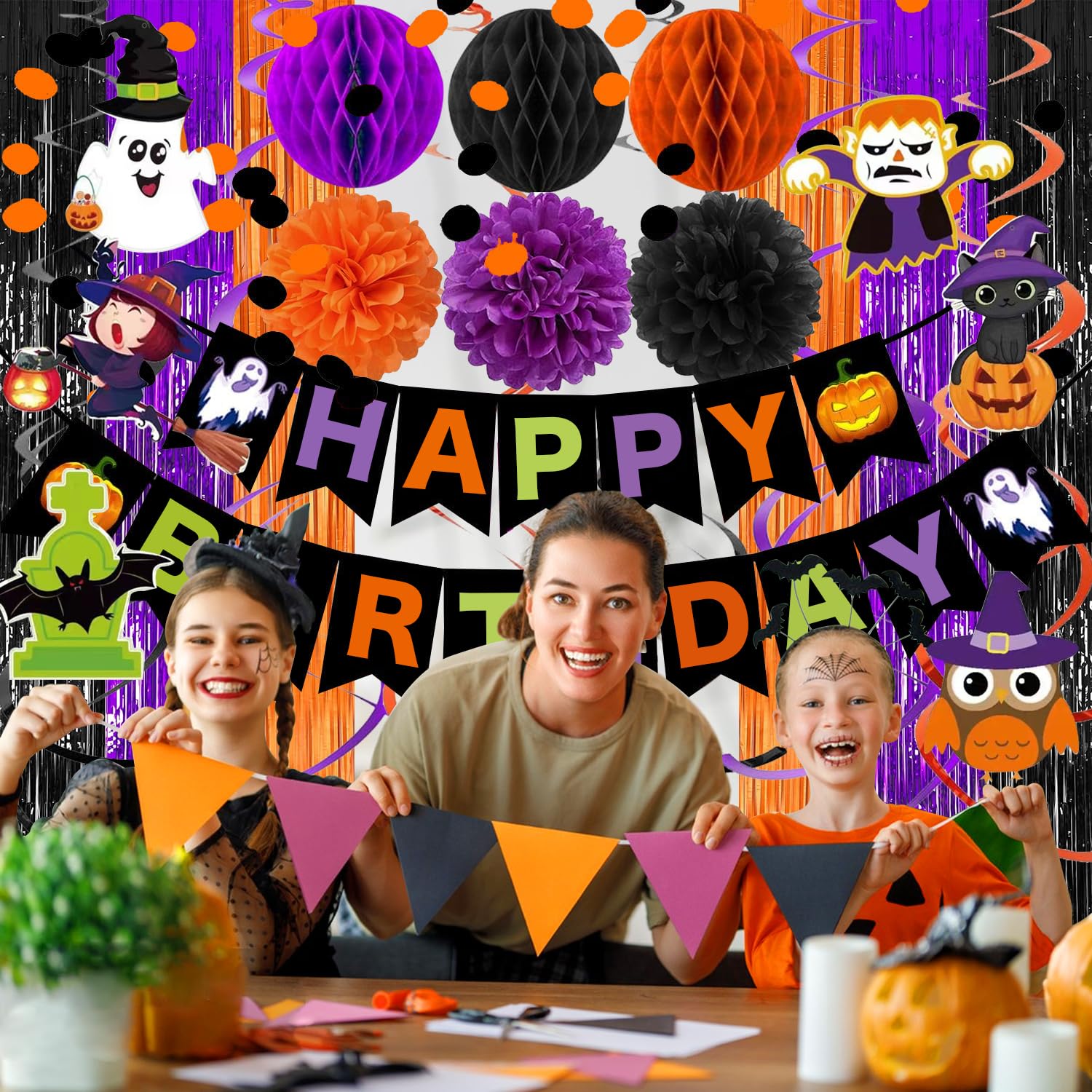 Halloween theme Birthday Party Decorations,Happy Birthday Decorations with Paper Triangle Flag,Hanging Swirl Streamers,Honeycomb Ball,Tissue Paper Pom,Circle Dots Garland, Fringe Curtains (birthday)