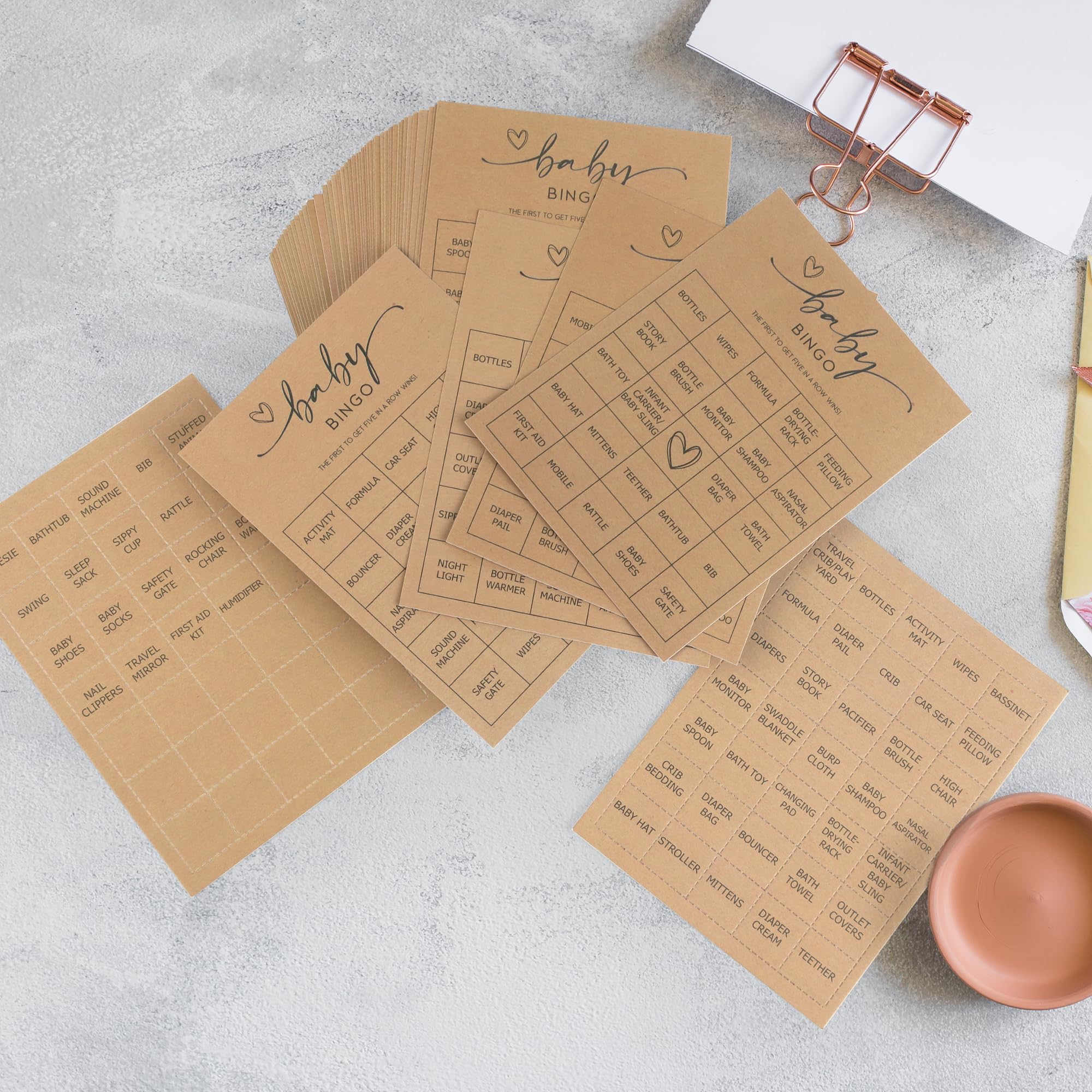 Baby Bingo Game (50 Unique Cards) Kraft Pre-Filled Fun Baby Shower Game Activity, Preforated Calling Cards, Gender Neutral Boy or Girl, Minimalist