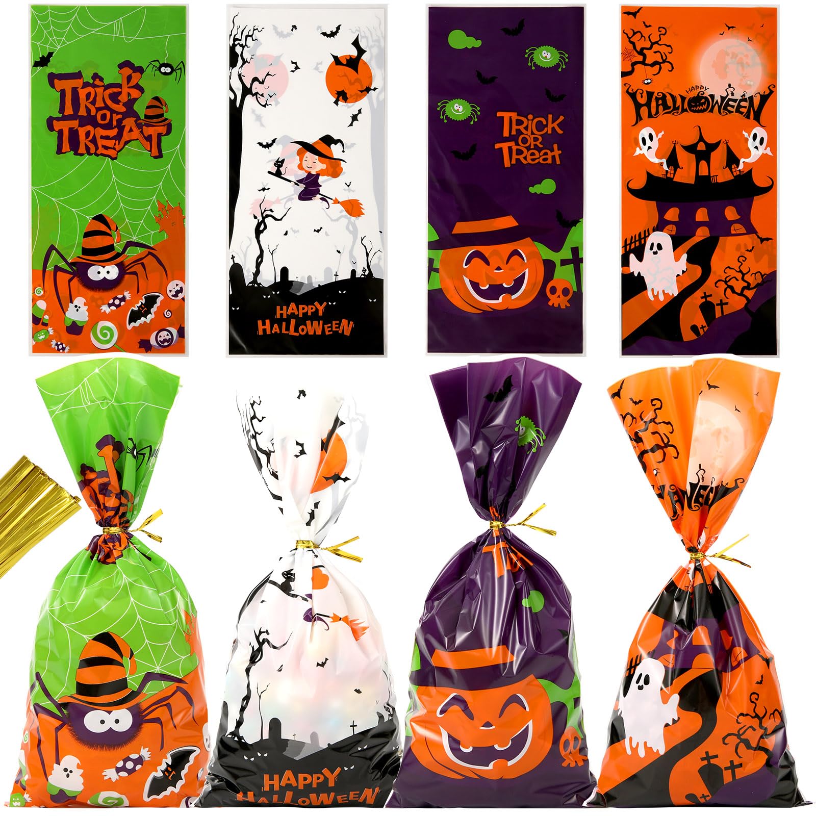 Sainyarh Halloween Cellophane Treat Bags, 50 Pcs Halloween Trick or Treat Candy Bags with Twist Ties, Cute Halloween Goodies Bags Gift Bags for Halloween Party (Style 01)