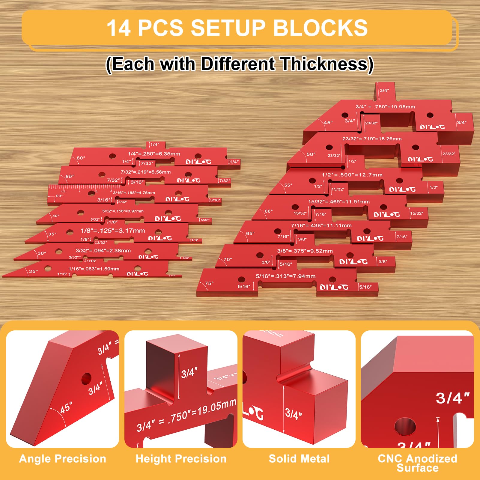 DIYLOG Router Table Setup Bars, 14 pcs Aluminumset Setup Blocks Woodworking, Set Up Blocks for Woodworking, Setup Blocks Gage Blocks for Router Table Saw and Angle Measure Set Up