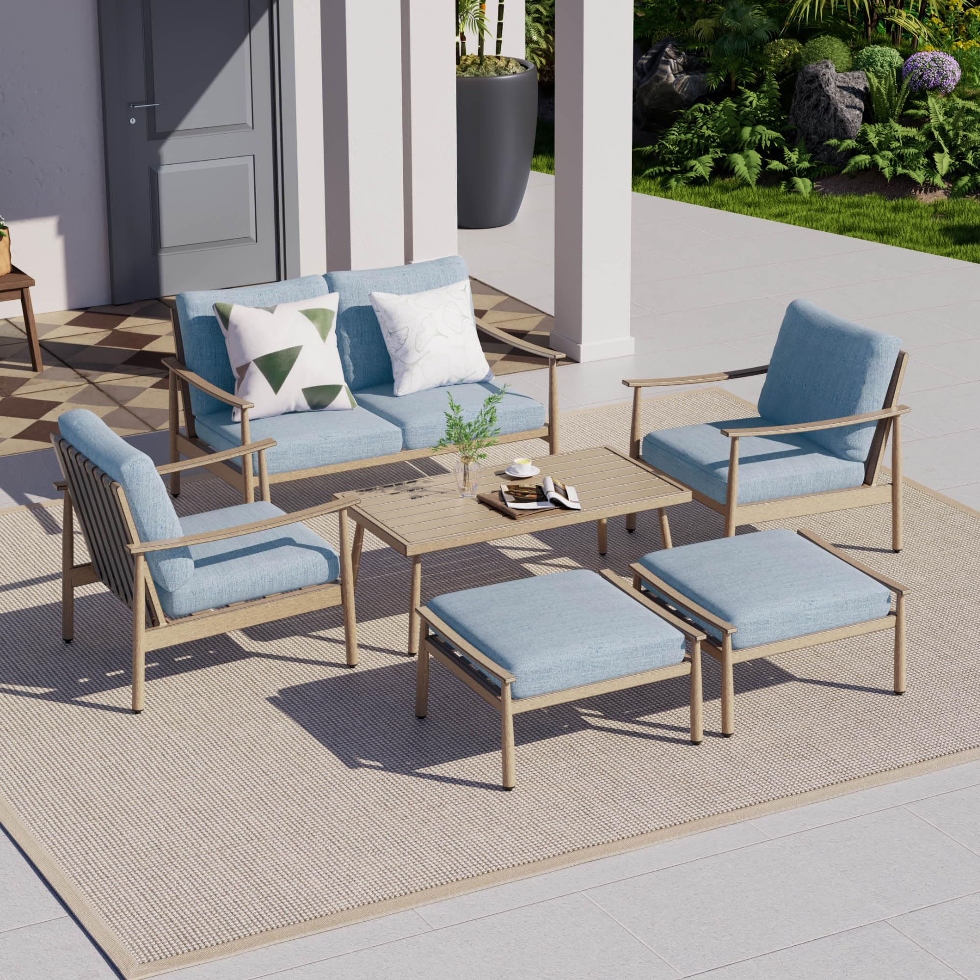 HAPPATIO Patio Outdoor Furniture Set - 6 Pieces Aluminum Outdoor Conversation Set with 1 Cushioned Loveseat, 2 Armchairs, 1 Coffee Table, and 2 Ottomans for Yard, Porch, and Deck (Brown)