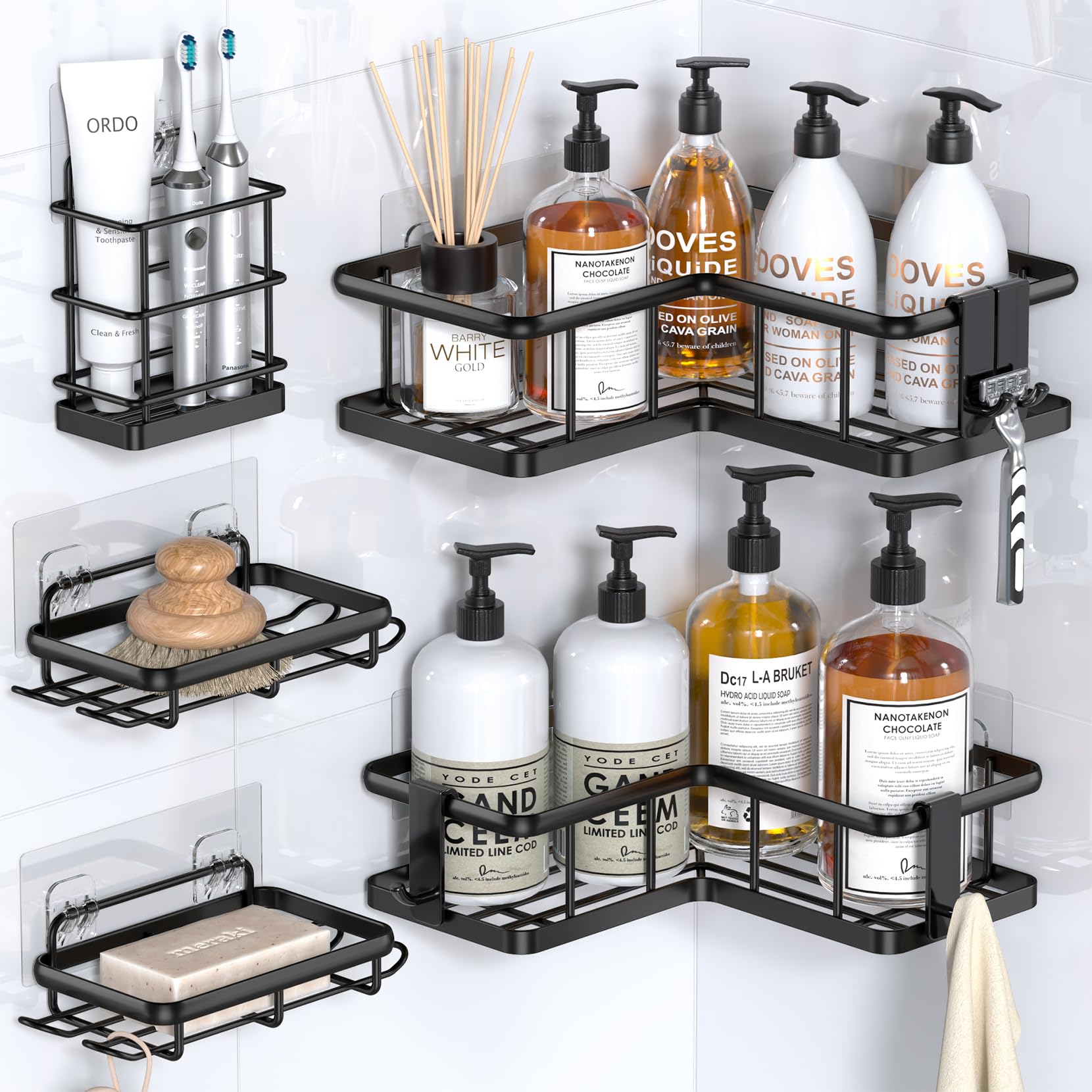 YASONIC 5-Pack Corner Shower Caddy, Corner Shower Shelves with 12 Hooks, Rustproof Shower Shelf for Inside Shower, No Drilling Shower Corner Shelf, Bathroom Shower Organizer Corner, Black