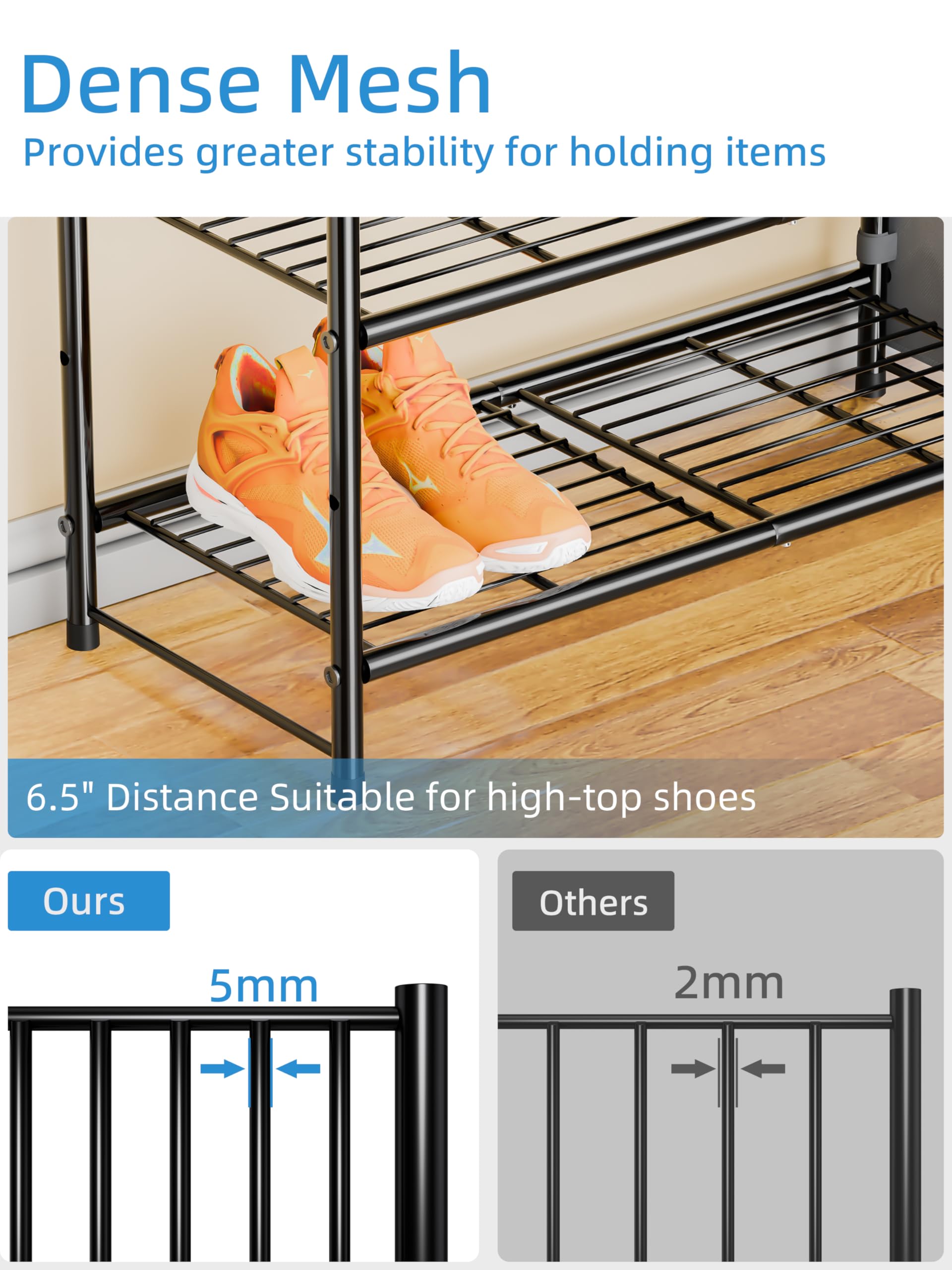 MWQ 6 Tier Shoe Rack Metal with Side Pocket, Sturdy Tall Shoe Organizer Storage Shelf for Closet, Black