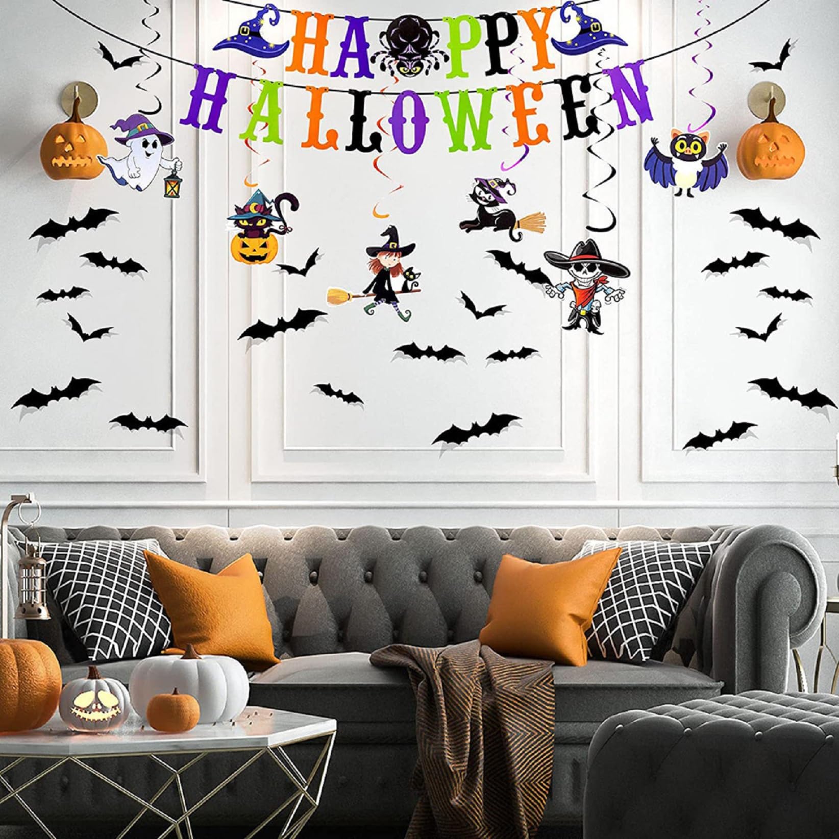 Halloween Party Decorations, Happy Halloween Banner Hanging Swirl Streamers and 3D Bat for Halloween Party