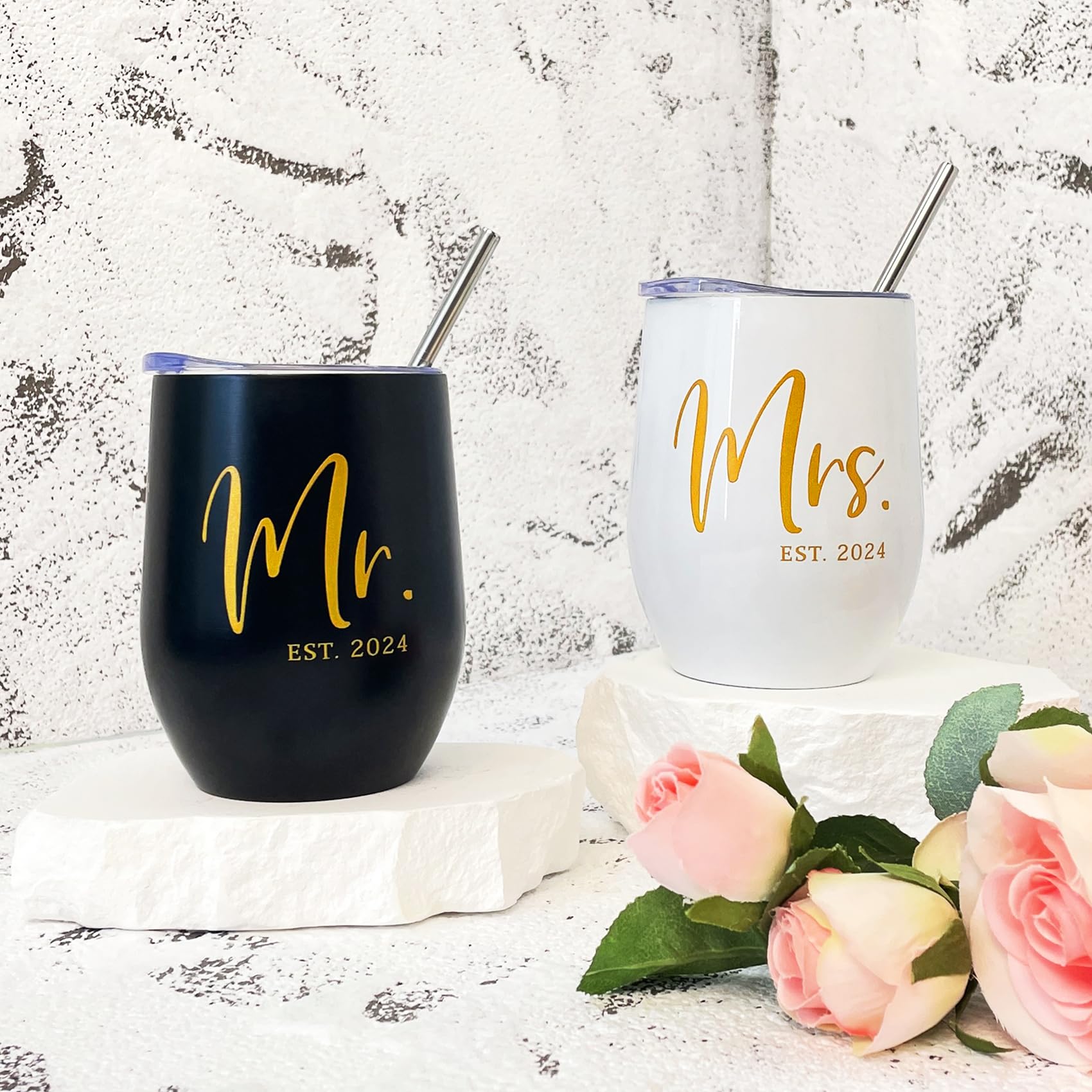 ELEGANTPARK Mr and Mrs Gifts Wedding Gifts for Couples 2024 Engagement Newlyweds Wedding Gifts for Bride and Groom Cups Stainless Steel Mr & Mrs Wine Tumbler with Lid and Straw 12 OZ