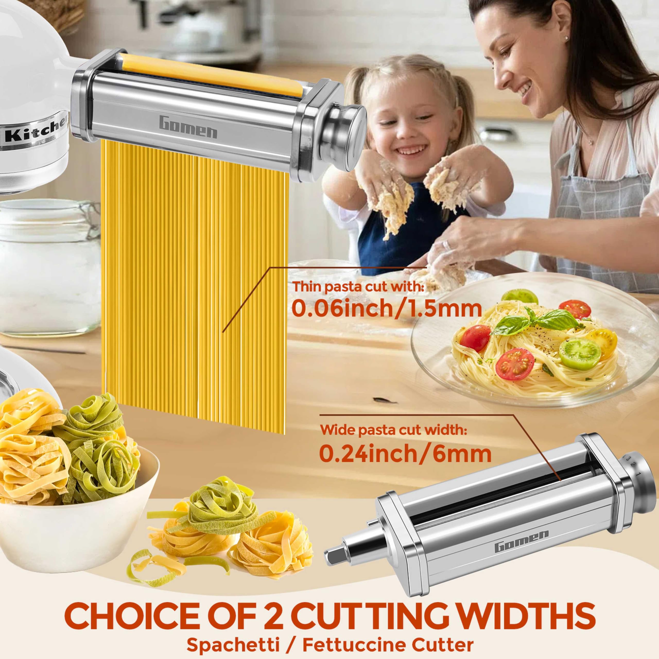 Pasta Attachment for Kitchenaid Stand Mixer,3 Pcs Pasta Maker Kitchen Aid Pasta Attachment for Kitchenaid Stand Mixer Included Pasta Roller, Spaghetti Cutter and Fettuccine Cutter by Gomen