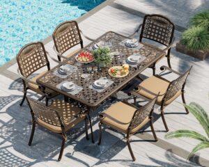 titimo cast aluminum patio dining set 7-piece with cast-top table and chairs with cushions,outdoor furniture set for backyard porch pool (6 love chairs+rect table+khaki cushions)