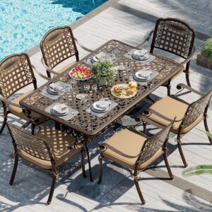 TITIMO Cast Aluminum Patio Dining Set 7-Piece with Cast-Top Table and Chairs with Cushions,Outdoor Furniture Set for Backyard Porch Pool (6 Love Chairs+Rect Table+Khaki Cushions)