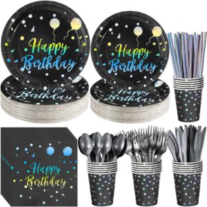 happy birthday plates and napkins set serve 25, black and iridescent birthday party supplies, disposable paper plates napkins cups, birthday tableware for glitter birthday party decorations