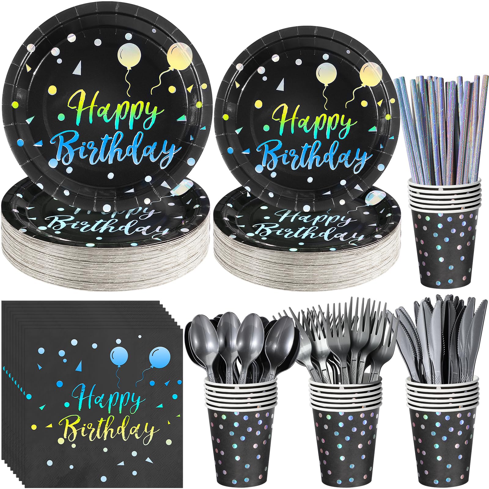 Happy Birthday Plates and Napkins Set Serve 25, Black and Iridescent Birthday Party Supplies, Disposable Paper Plates Napkins Cups, Birthday Tableware for Glitter Birthday Party Decorations