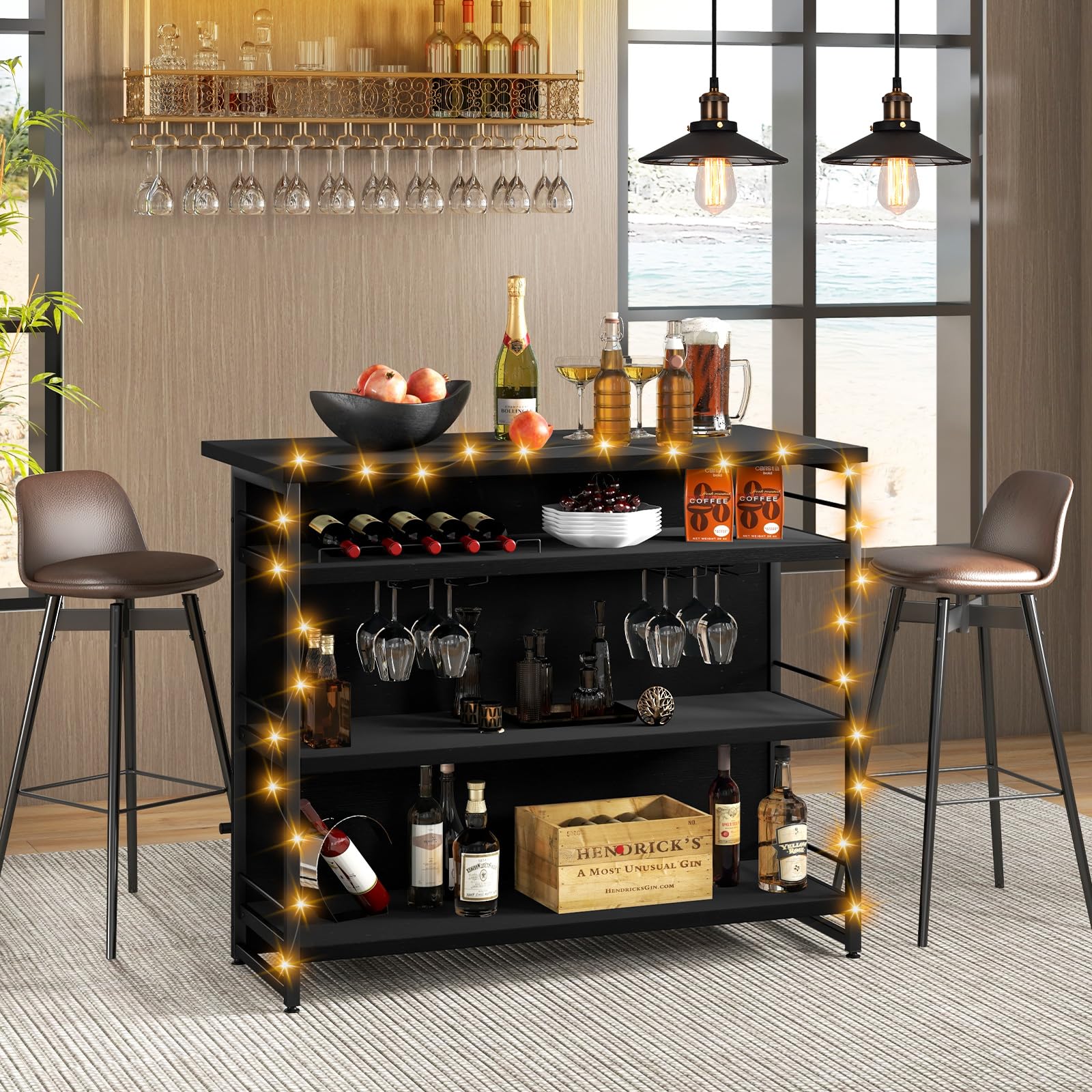 Giantex Home Bar Unit, 4 Tier Liquor Bar Table with Footrest, Wine Bottle Racks, Glass Holder, Industrial Corner Mini Coffee Bar Cabinet for Home Kitchen Pub (Black)