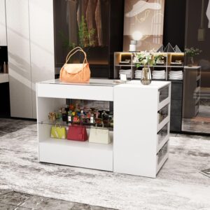 MOUMON Makeup Vanity Storage Island with Drawers and Shelves, Wardrobe Closet Island with Glass Tabletop, for Dressing Room Cloakroom White (47.2”W x 23.6”D x 31.5”H)