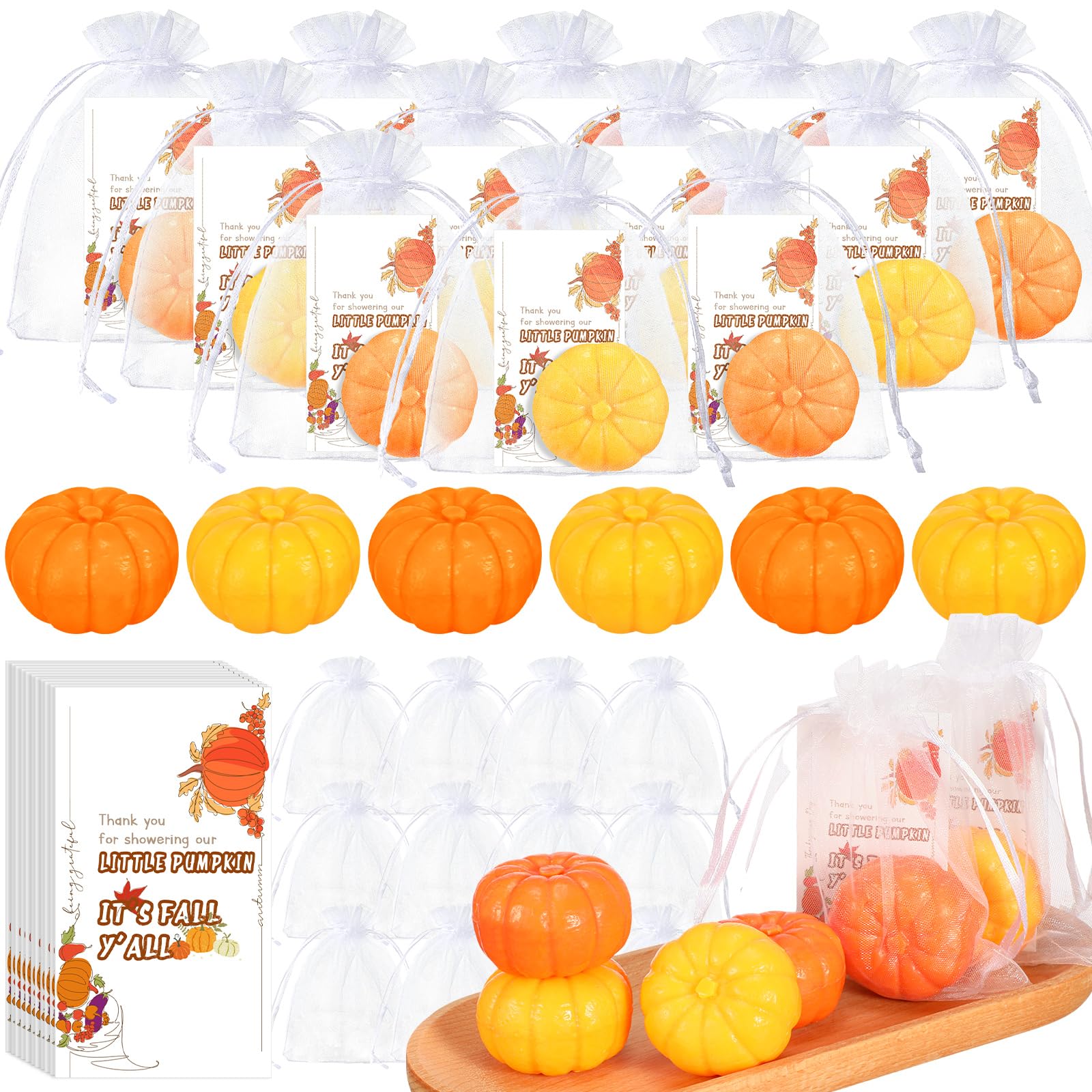 Liliful 30 Sets Pumpkin Theme Baby Shower Soap Favors Included Mini Pumpkin Soap Thanks Cards Drawstring Gift Bags for Fall Bridal Shower Wedding Autumn Thanksgiving Day Party Gifts Decorations