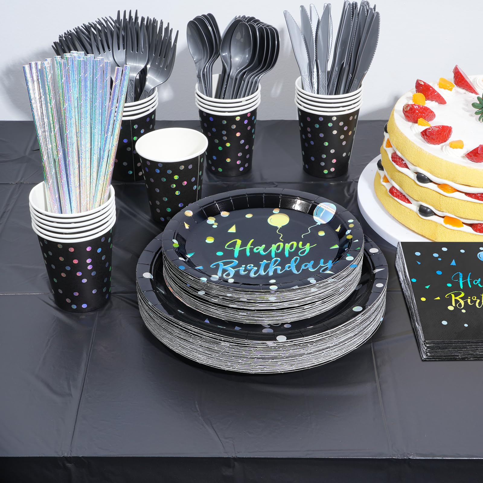 Happy Birthday Plates and Napkins Set Serve 25, Black and Iridescent Birthday Party Supplies, Disposable Paper Plates Napkins Cups, Birthday Tableware for Glitter Birthday Party Decorations