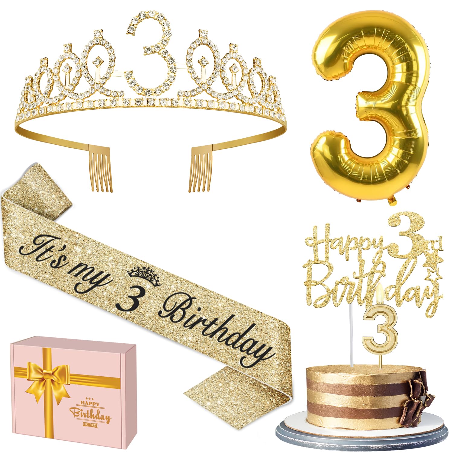 3rd Birthday Decorations for Girls, Including 3rd Birthday Sash and Tiara, Cake Topper and Candle 3, Number 3 Balloon Gold, 3 Birthday Gifts for Girls, 3 Birthday Party Decorations (Gold)