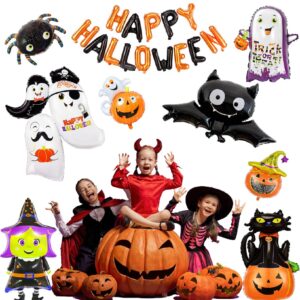 9PCS Large Halloween Foil Balloons Set Happy Halloween Banner Foil Balloons, Pumpkin Witch Bat Ghost Spider Mylar for Halloween Party Decorations Trick or Treat Supplies