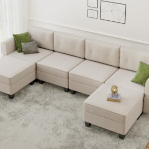 AYEASY Modular Sectional Sofa, Convertible Sectional Couches for Living Room U Shaped Sectional Sofa Couch with Storage Ottoman, High Supportive 6 Seats Reversible Sectionals 113'' with Chaise, Beige