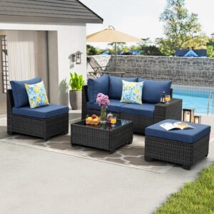 TerraRelax Patio Furniture Set 5 Pieces All Weather Patio Conversation Sets Wicker PE Rattan Outdoor Sectional Couch Sofa with Cushion Ottoman Table for Poolside Peacock, Garden, Backyard Navy