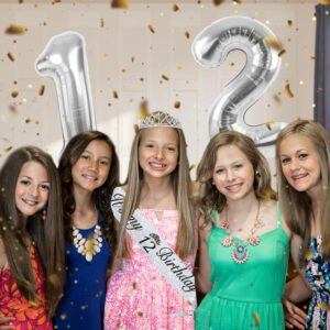 12th Birthday Decorations for Girls Silver, Including 12th Birthday Sash, Crown/Tiara, Candles and Cake Toppers, Silver Number 12 Balloons, 12 Year Old Birthday Party Decorations for A Girl