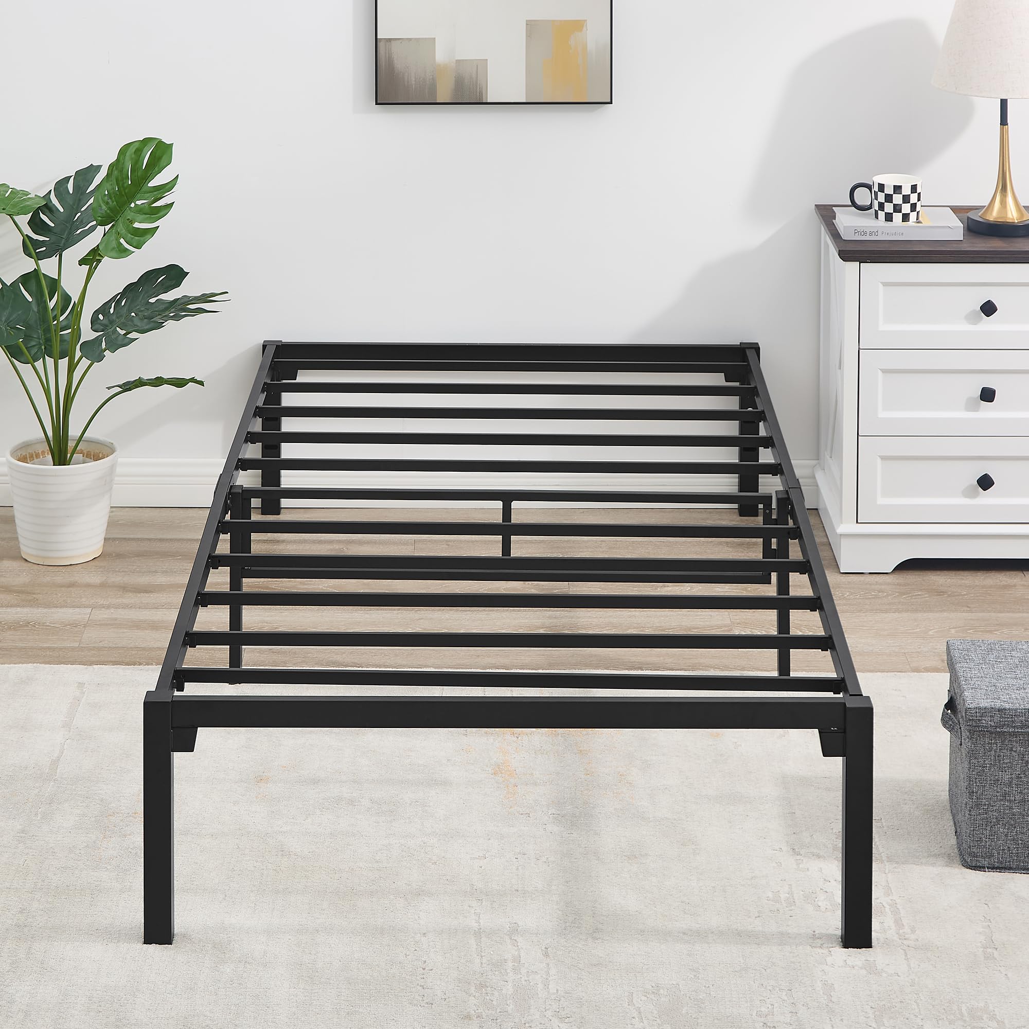 VECELO 14" Twin Size Bed Frame Quick Lock No Screws Metal Platform/Mattress Foundation/No Box Spring Needed