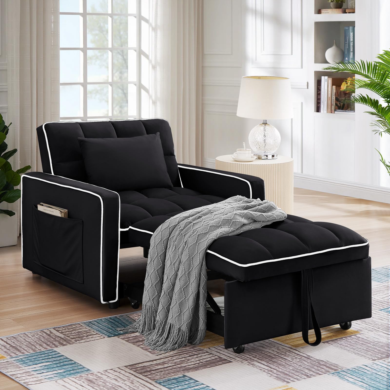 Convertible Sleeper Chair Bed, 3 in 1 Modern Velvet Pull Out Sofa Bed Chair, Small Tufted Single Sleeper Chair with Adjustable Backrest/Pillow for Living Room, Small Spaces, Apartment, Office, Black