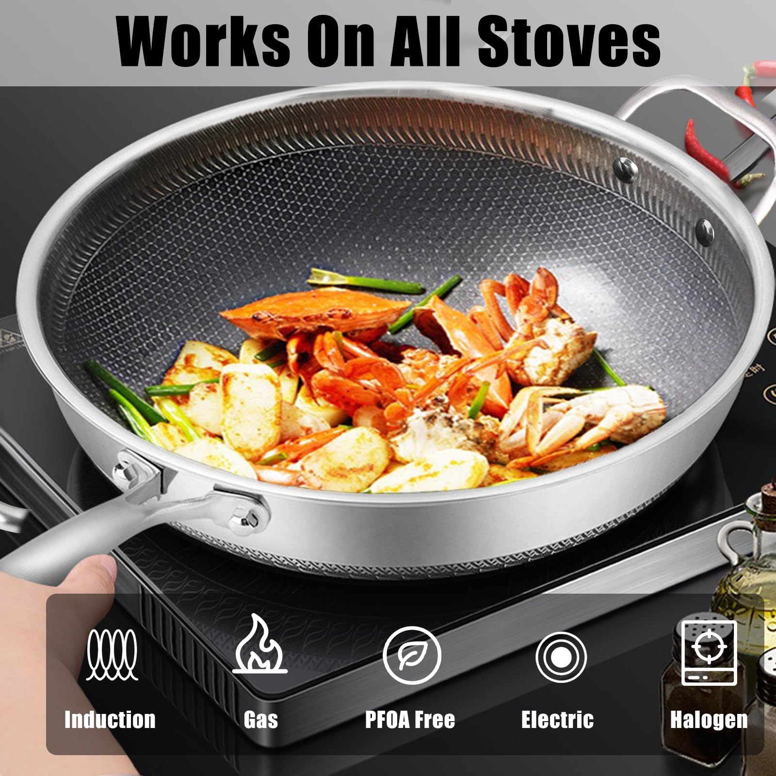 BigNoseDeer Wok Pan With lid Hybrid Nonstick 12.5Inch Honeycomb work With Handle Woks & Stir-Fry Pans Nonstick PFOA Free Cookware Suitable for Induction Ceramic Electric and Gas Cooktops