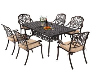 titimo cast aluminum patio dining set 7-piece with cast-top rectangular table and 6 flower chairs with cushions,outdoor furniture set for backyard porch pool (khaki)