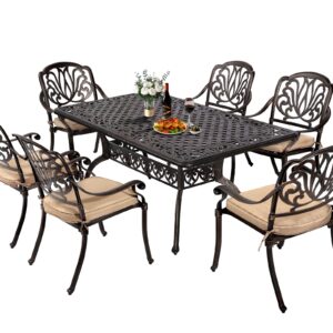 TITIMO Cast Aluminum Patio Dining Set 7-Piece with Cast-Top Rectangular Table and 6 Flower Chairs with Cushions,Outdoor Furniture Set for Backyard Porch Pool (Khaki)