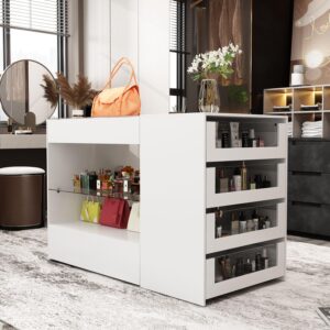 MOUMON Makeup Vanity Storage Island with Drawers and Shelves, Wardrobe Closet Island with Glass Tabletop, for Dressing Room Cloakroom White (47.2”W x 23.6”D x 31.5”H)