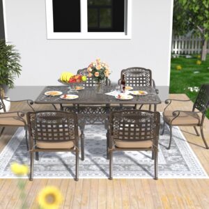 TITIMO Cast Aluminum Patio Dining Set 7-Piece with Cast-Top Table and Chairs with Cushions,Outdoor Furniture Set for Backyard Porch Pool (6 Love Chairs+Rect Table+Khaki Cushions)