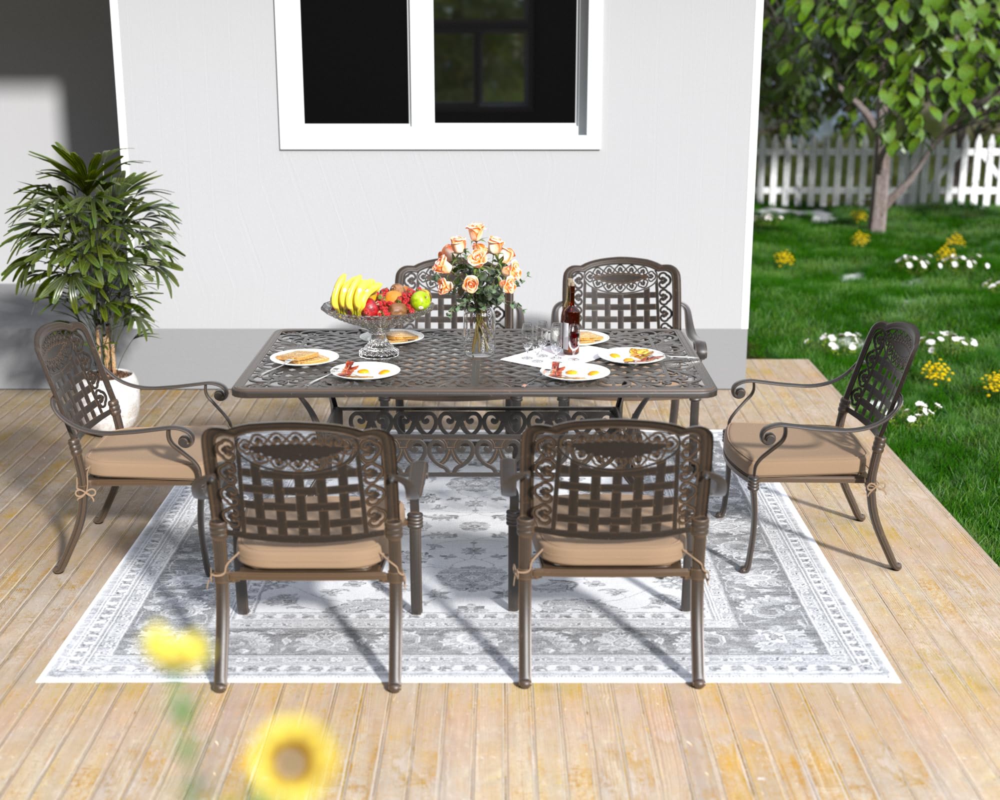 TITIMO Cast Aluminum Patio Dining Set 7-Piece with Cast-Top Table and Chairs with Cushions,Outdoor Furniture Set for Backyard Porch Pool (6 Love Chairs+Rect Table+Khaki Cushions)