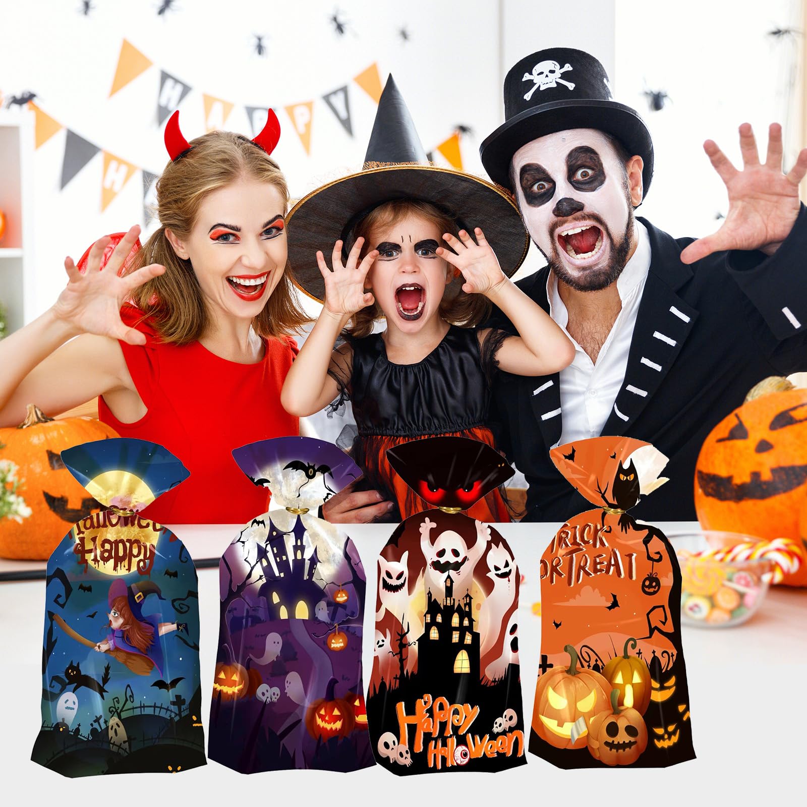 Artby7 Halloween Treat Bags, Halloween Cellophane Treat Bags, 50 PCS Halloween Candy Bags, Halloween Cello Cookie Goodies Gift Bags with 50pcs Ties for Halloween Trick or Treat Party Favors Supplies