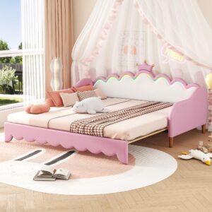 merax twin size upholstered princess bed frame with crown headboard and light strips, space-saving extending daybed pull out sofa bed for girls teens kids bedroom, no box spring needed, pink