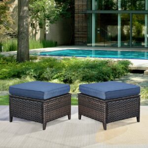 Bellefurn Patio Ottomans Set of 2 Outdoor Ottomans Wicker Foot Stools 2 Piece Footrest PE Rattan Ottomans with Thickened Cushions for Patio Garden Porch Balcony Poolside Deck, Brown|Blue