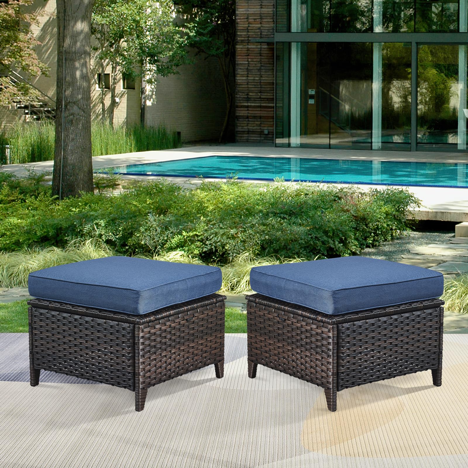 Bellefurn Patio Ottomans Set of 2 Outdoor Ottomans Wicker Foot Stools 2 Piece Footrest PE Rattan Ottomans with Thickened Cushions for Patio Garden Porch Balcony Poolside Deck, Brown|Blue