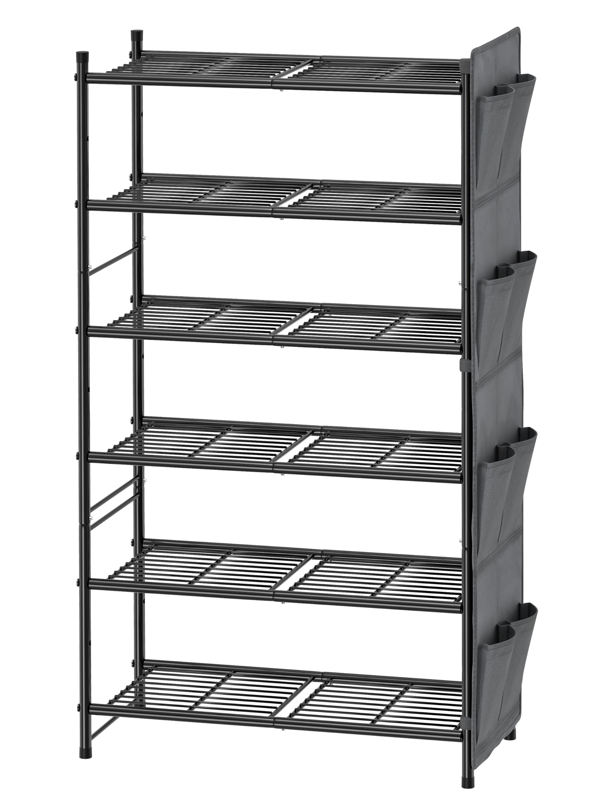 MWQ 6 Tier Shoe Rack Metal with Side Pocket, Sturdy Tall Shoe Organizer Storage Shelf for Closet, Black