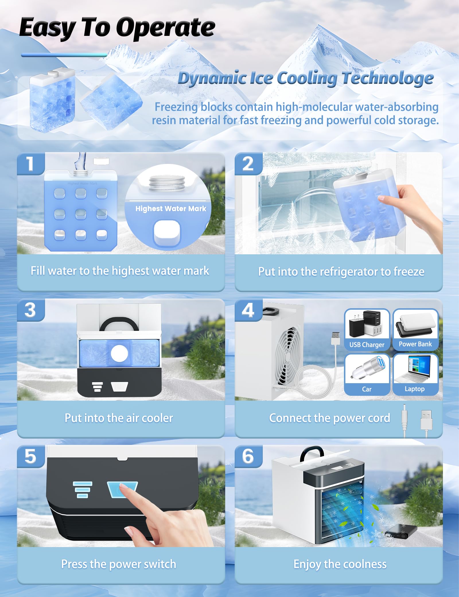 Portable Air Conditioner, Mini Personal Ice Fan with 3 Speeds, Small Anti-leakage Water Ice Cooling Air Cooler for Room Bedroom Office Home Tent (F-08)