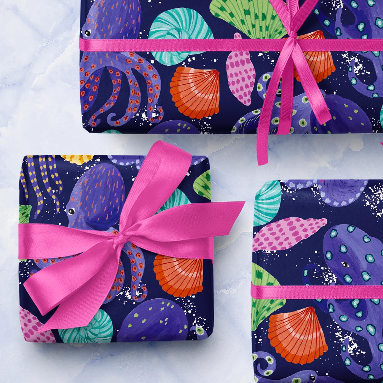 WRAPAHOLIC Ocean Wrapping Paper Roll - Mini Roll - 17 Inch x 33 Feet - Octopuses, Pectinid and Conches Design, Perfect for Birthday, Party, Holiday