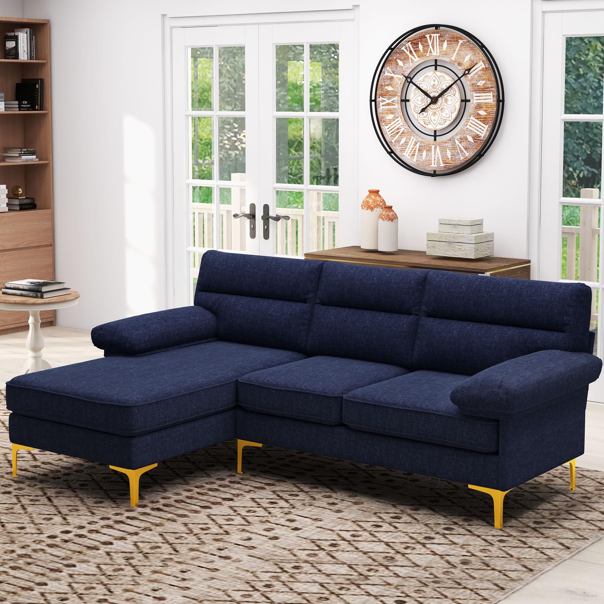 Sectional Couches for Living Room, Modern Chenille Convertible Sofa Bed L-Shaped Couch 3 Seats Sofas with Reversible Wide Chaise & Fluffy Armrests for Small Apartment Compact Spaces Dark Blue