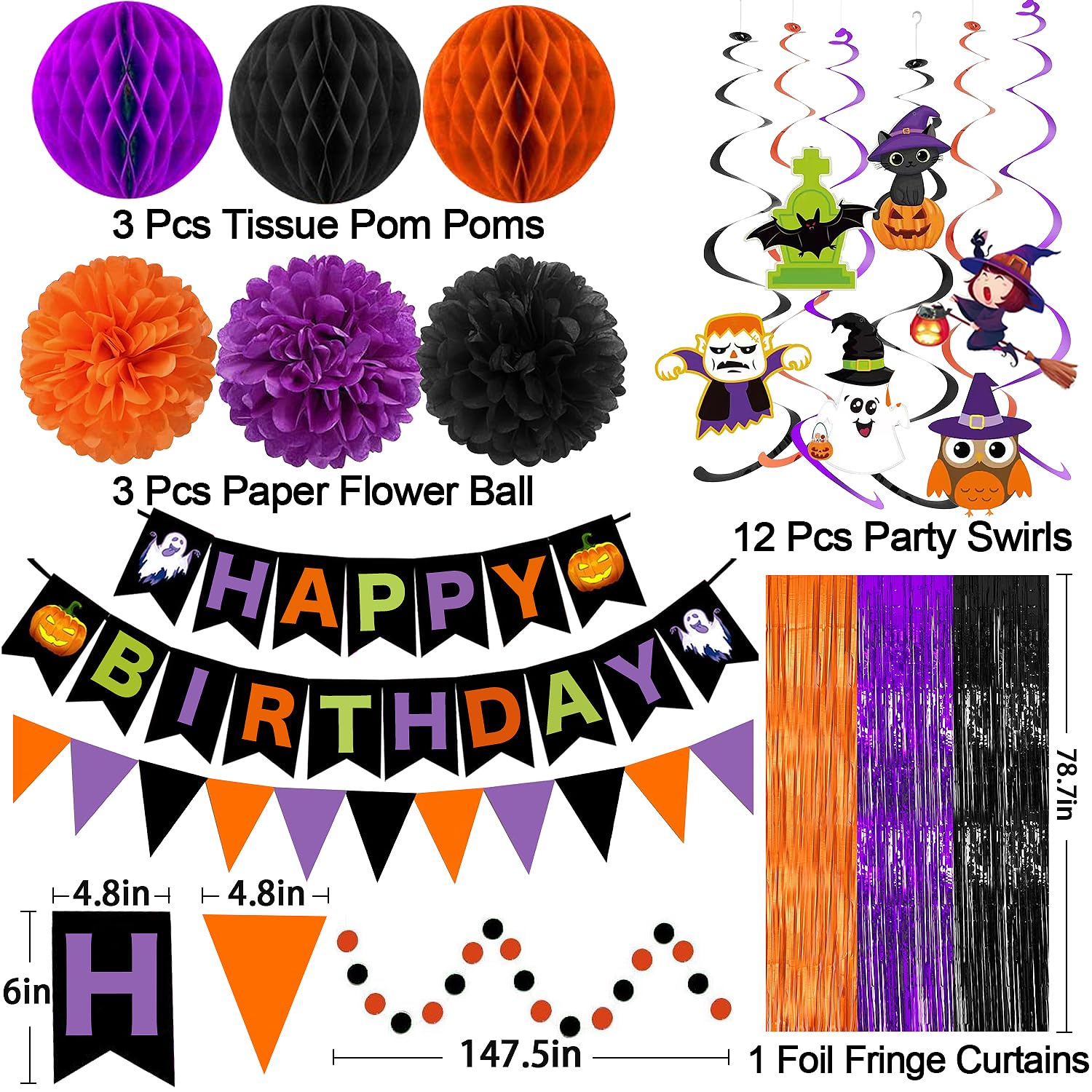 Halloween theme Birthday Party Decorations,Happy Birthday Decorations with Paper Triangle Flag,Hanging Swirl Streamers,Honeycomb Ball,Tissue Paper Pom,Circle Dots Garland, Fringe Curtains (birthday)