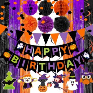 halloween theme birthday party decorations,happy birthday decorations with paper triangle flag,hanging swirl streamers,honeycomb ball,tissue paper pom,circle dots garland, fringe curtains (birthday)