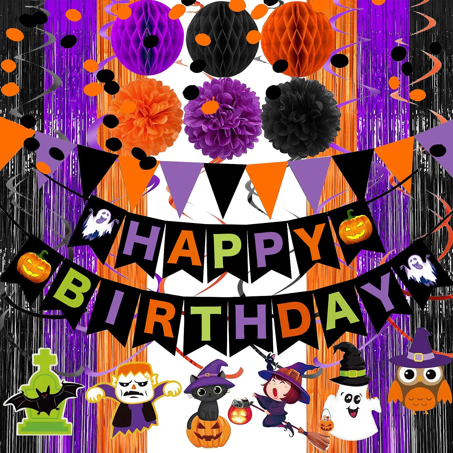 Halloween theme Birthday Party Decorations,Happy Birthday Decorations with Paper Triangle Flag,Hanging Swirl Streamers,Honeycomb Ball,Tissue Paper Pom,Circle Dots Garland, Fringe Curtains (birthday)