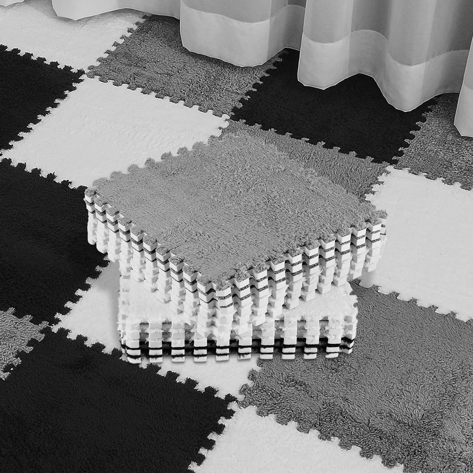 Amylove 72Pcs Foam Floor Mat 12x12x0.4in Interlocking Eva Foam Mats with Border Soft Plush Fluffy Foam Floor Tiles Interlocking Rug Climbing Area Carpet Squares for Home Playroom (White, Gray, Black)