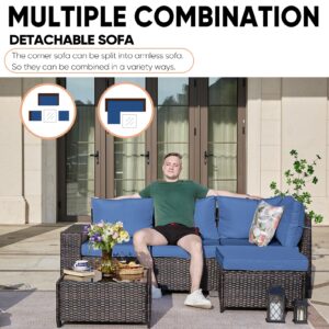 TerraRelax Patio Furniture Set 5 Pieces All Weather Patio Conversation Sets Wicker PE Rattan Outdoor Sectional Couch Sofa with Cushion Ottoman Table for Poolside Peacock, Garden, Backyard Navy