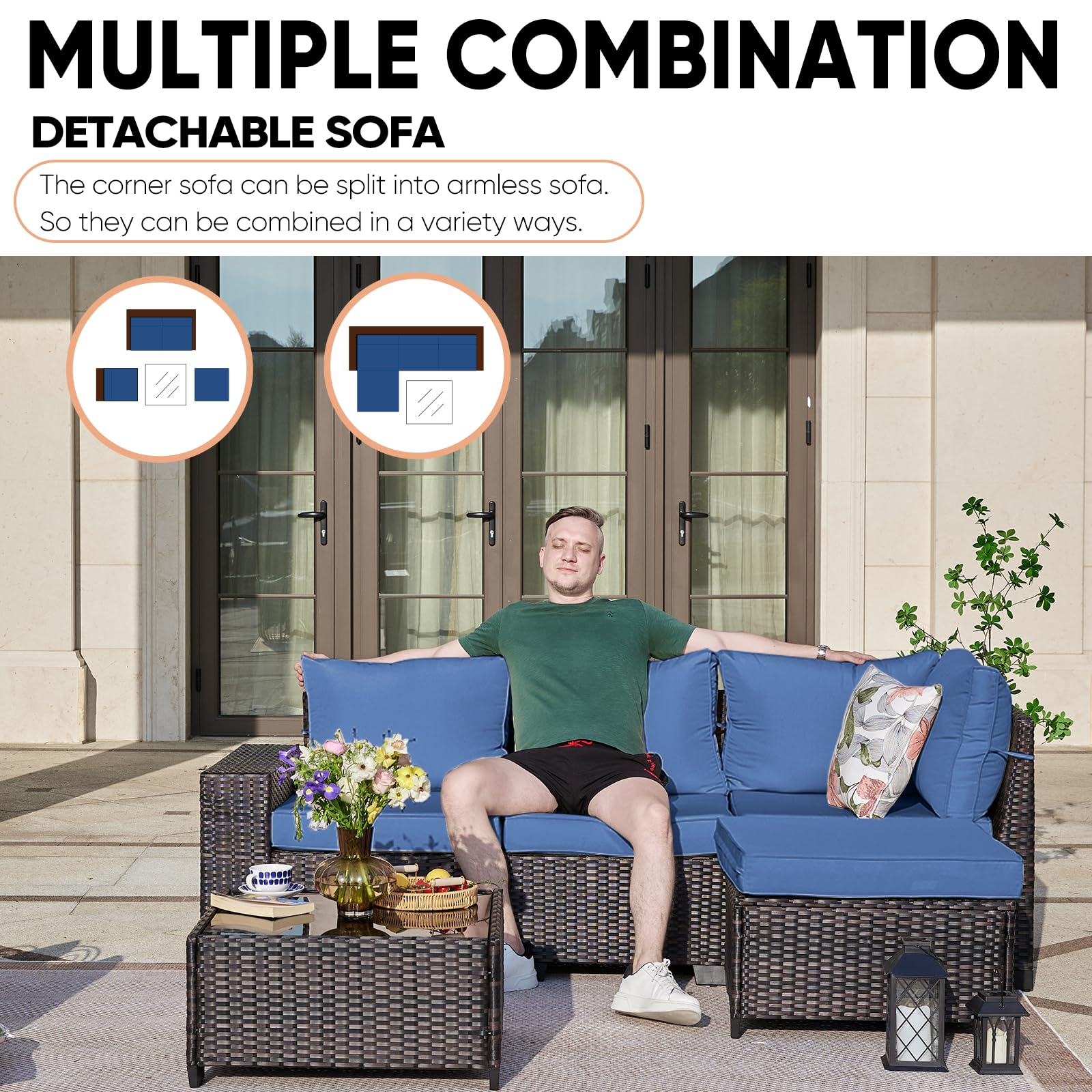 TerraRelax Patio Furniture Set 5 Pieces All Weather Patio Conversation Sets Wicker PE Rattan Outdoor Sectional Couch Sofa with Cushion Ottoman Table for Poolside Peacock, Garden, Backyard Navy