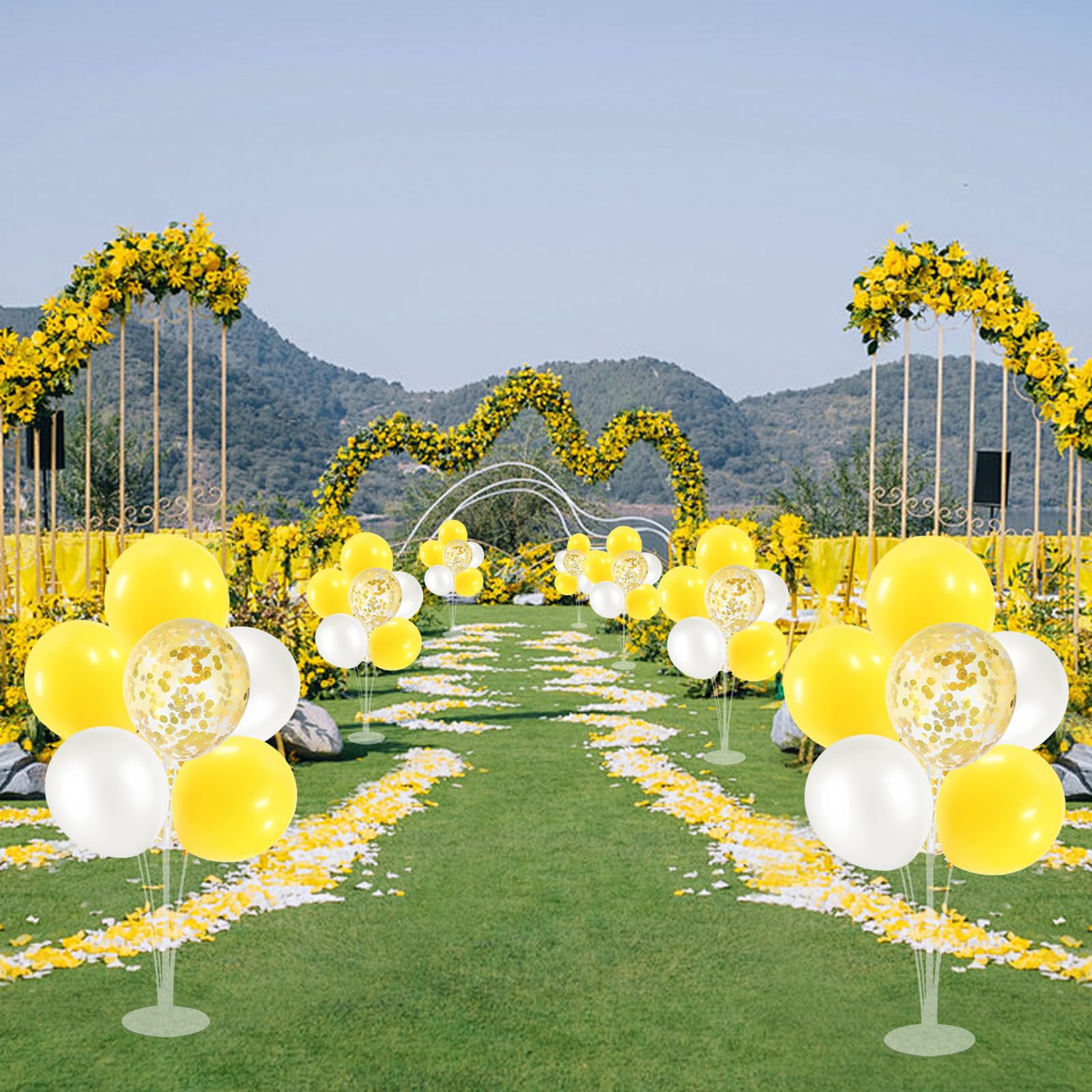 ZJDHPTY 6 Set Balloon Stand with Yellow and White Balloons Centerpiece Table Decorations Bee Daisy Sunflower Theme Pary Decorations Birthday Bridal Shower Wedding New Years Decorations 2025