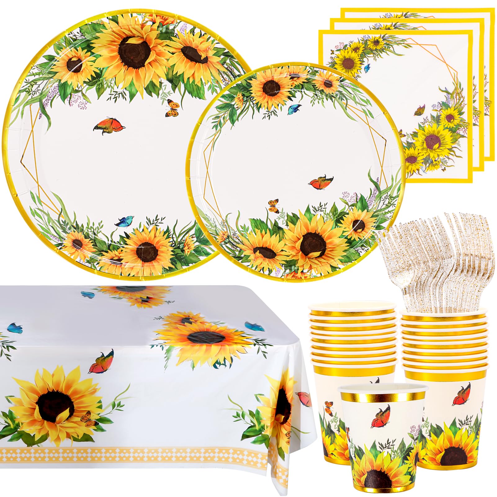 Sunflower Party Supplies, Disposable Sunflower Plates, Cups, Napkins and Cutlery for Birthday, Bridal Shower, Sunflower Party Decorations Serves 24