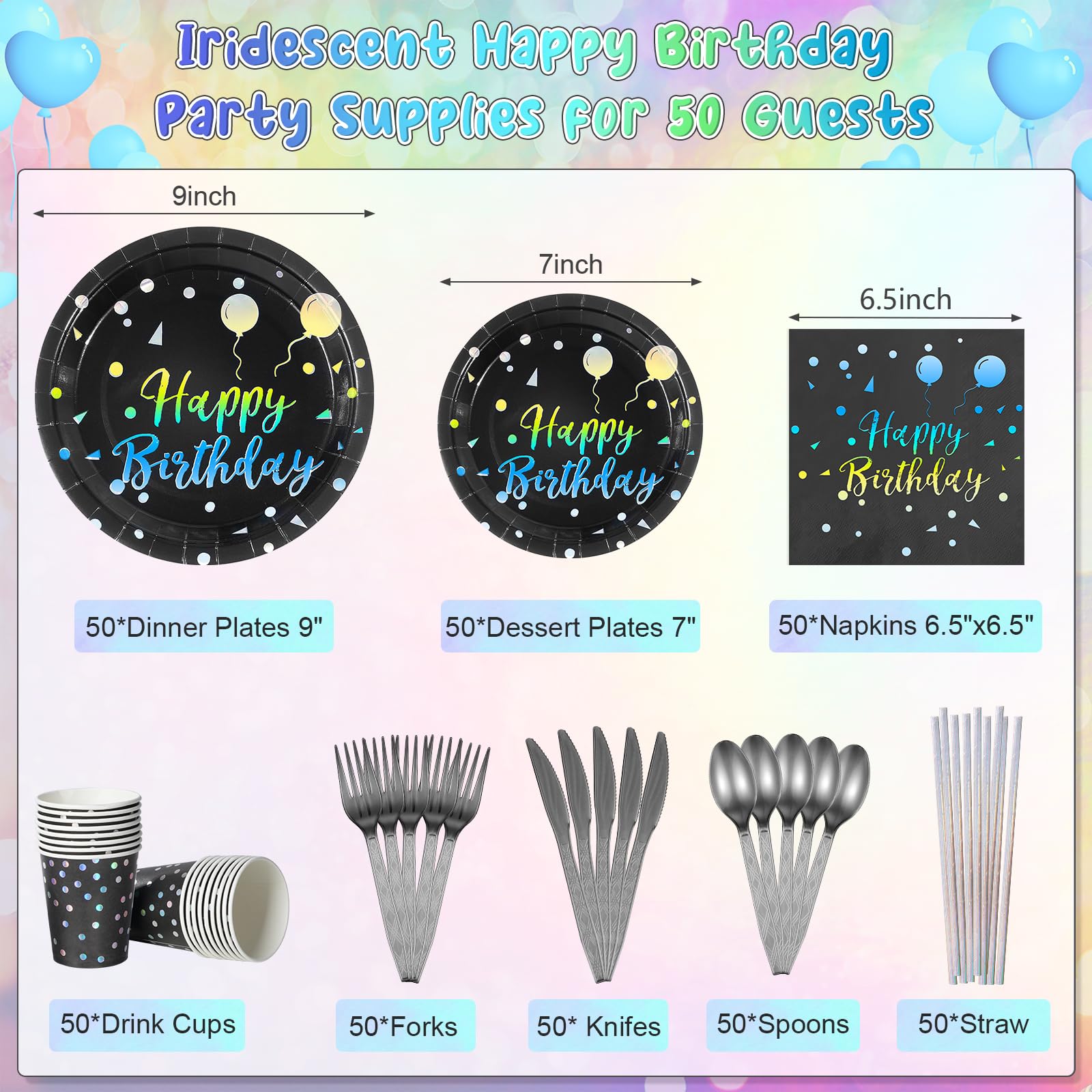 Happy Birthday Plates and Napkins Set Serve 25, Black and Iridescent Birthday Party Supplies, Disposable Paper Plates Napkins Cups, Birthday Tableware for Glitter Birthday Party Decorations